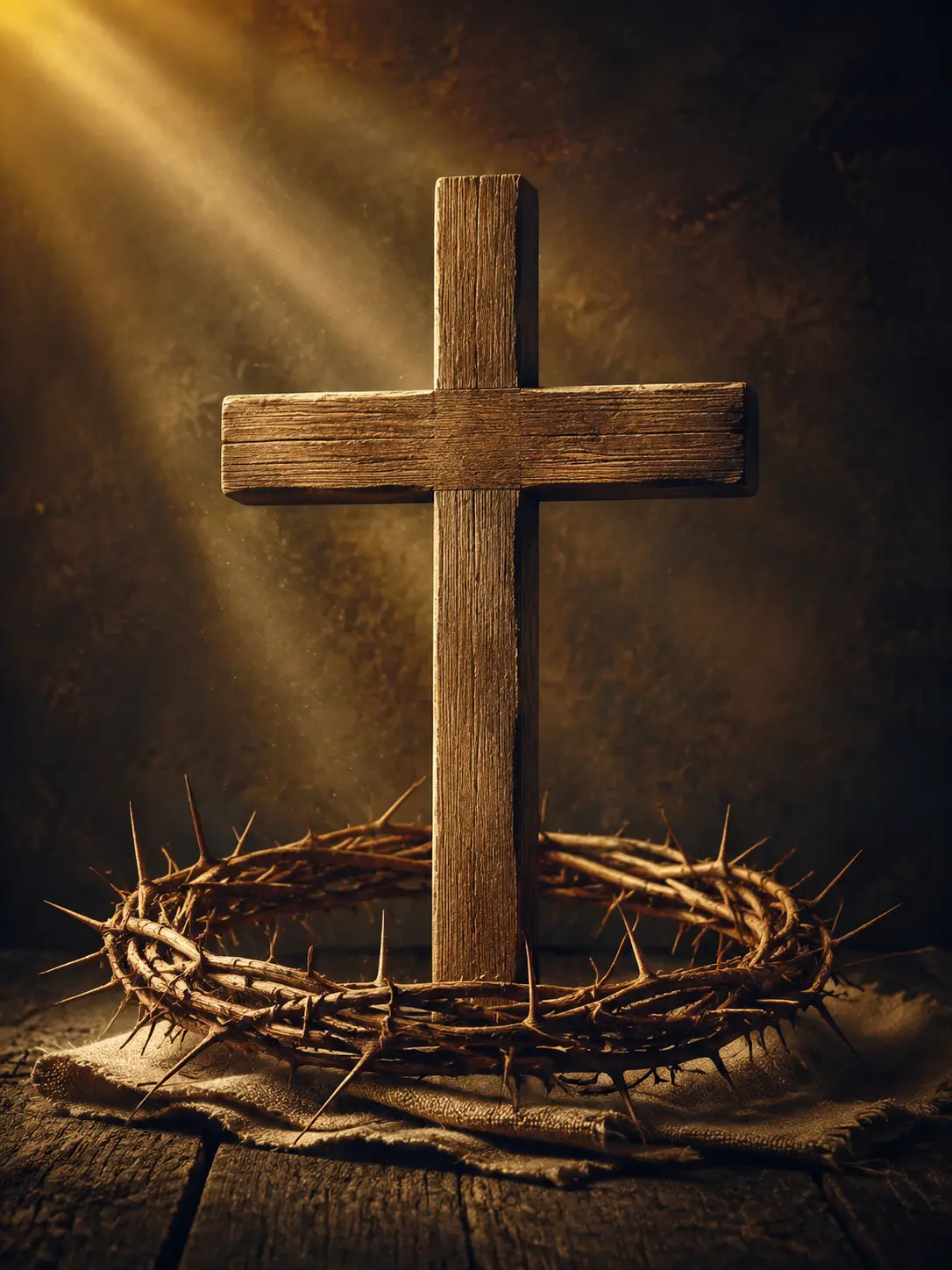 Wooden cross with a crown of thorns