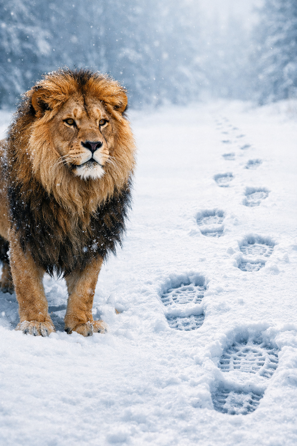 Lion and footprints in the snow